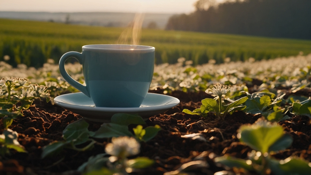Eine Kaffeetasse auf einem nachhaltig bewirtschafteten Feld verdeutlicht den Fortschritt in der umweltfreundlichen Kaffeeproduktion.