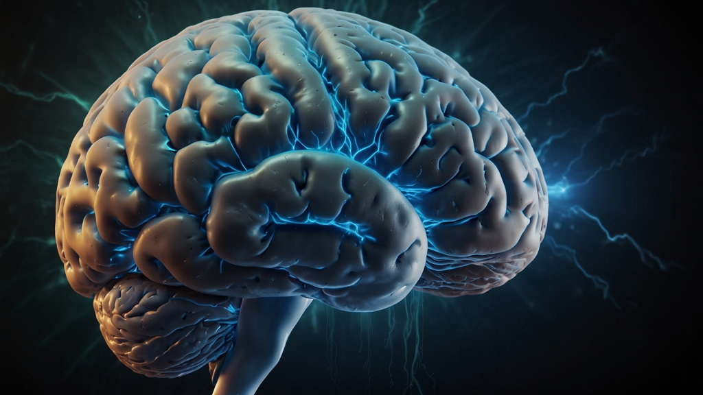 3D-Illustration eines Gehirns mit Visualisierung der Neuromodulationstechnik zur Behandlung von Depressionen im Kontext der Wissenschaft und Psychologie.