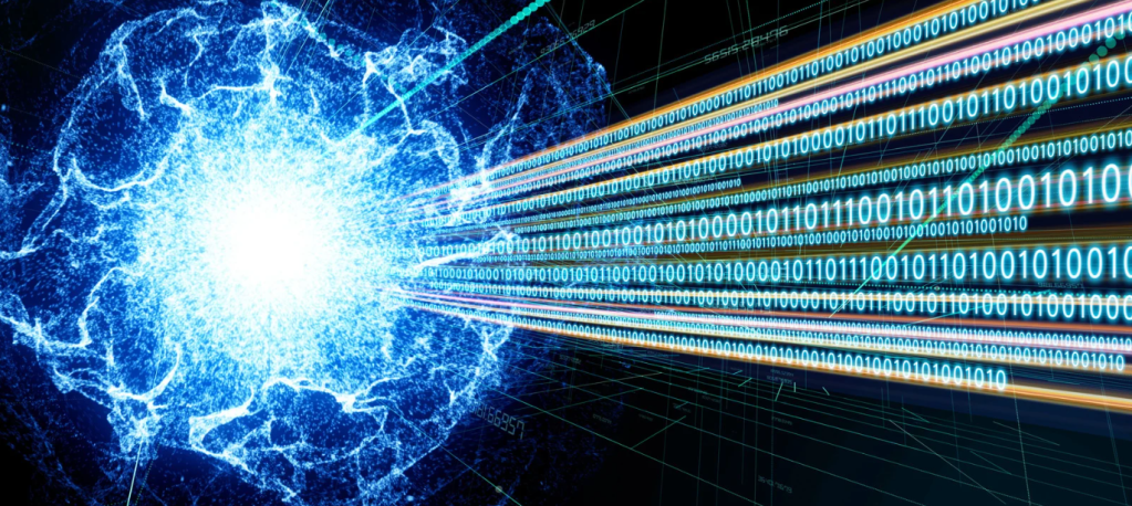 Blaues Leuchten und Datenbahnen verdeutlichen die wissenschaftliche Leistungsfähigkeit der Quantencomputer.